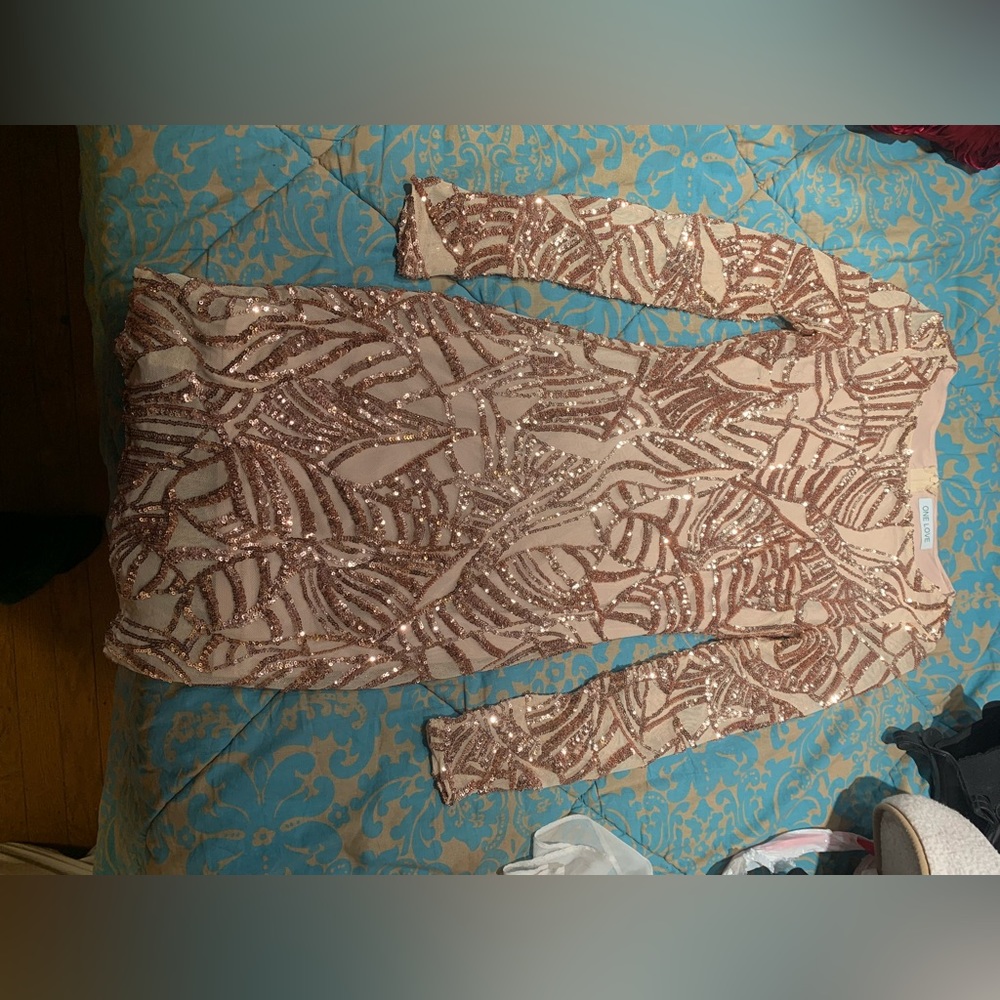tan long sleeve right sequin dress
